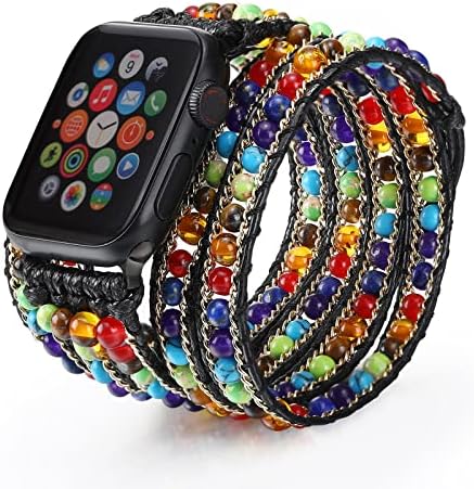 CHARMINGO Boho 5 Wraps Bracelet Compatible with Beaded Apple Watch Band for Women Men 38mm/40mm/41mm, 7 Chakra Apple Watch Strap for Iwatch Band Series 8/7/6/5/4/3/2/1/SE Ultra, Rainbow