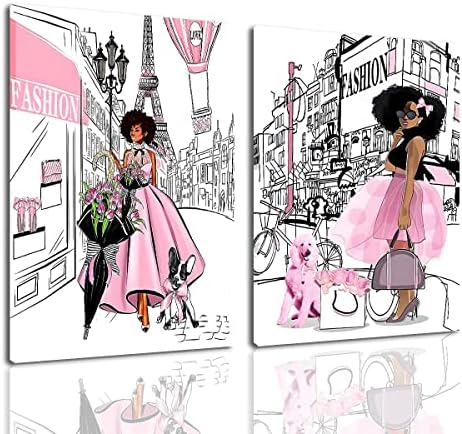 Framed Black Girl African American Wall Art Decor Women Pink And Grey Bathroom Dog Eiffel Tower Abstract Artwork Prints Canvas Painting Pictures Posters For Wall Living Room Bedroom Ready To Hang (Fashion Art, Framed 16x24in (40x60cm))