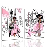 Framed Black Girl African American Wall Art Decor Women Pink And Grey Bathroom Dog Eiffel Tower Abst