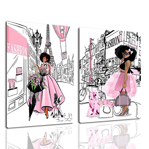 Framed Black Girl African American Wall Art Decor Women Pink And Grey Bathroom Dog Eiffel Tower Abstract Artwork Prints Canvas Painting Pictures Posters For Wall Living Room Bedroom Ready To Hang (Fashion Art, Framed 16X24In (40X60Cm)) #TOP2