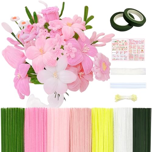 601PCS Complete Pink Pipe Cleaners Flower KitPastel Pipe Cleaners for Flowers DIY Craft Supplies for Projects 6 Colors with Floral Wires Tape Glue Sticks Ribbon Stamen Manual & Video Tutorial