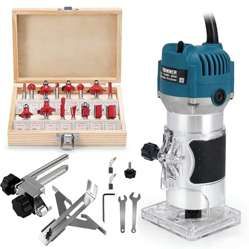 800W Wood Router Tool with 15x 1/4” Router Bits & 2x Trim Guides, 30000RPM 110V Hand Palm Trim Router for Woodworking, Adjustable Base Height with Scale