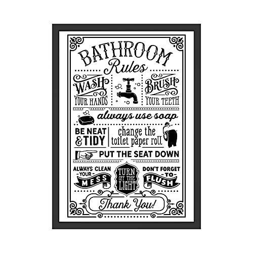 WBdesignz Bathroom Rules Poster im Vintage-Stil – Schwarz-Weiß Wandbild für Gäste-WC oder Badezimmer – Lustige Badregeln als Deko – Hygieneregeln Schild – Ohne Rahmen – DIN A4