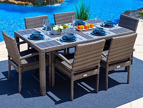 Sorrento 7-Piece Resin Wicker Outdoor Patio Furniture Dining Table Set In Gray W/Dining Table And Six Cushioned Chairs (Flat-Weave Gray Wicker, Sunbrella Canvas Charcoal) #TOP17
