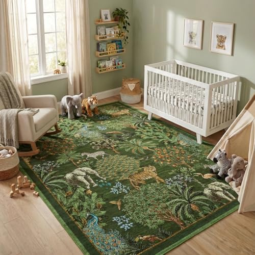GarveeHome Animal Print Rug 6x9 Washable Area Rugs for Nursery, Dark Green