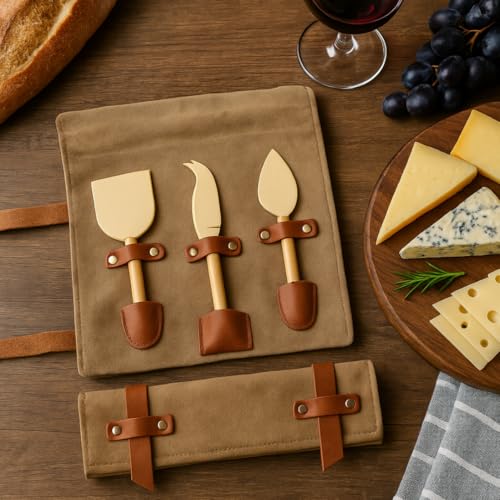 Cheese Knife Set for Charcuterie Board – 3-Piece Gold Stainless Steel Cheese Knives with Leather Pouch – Elegant Charcuterie Tools, Utensils Set