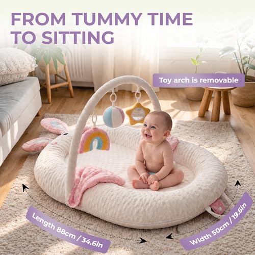 Image of Infant Support Pillow with Adjustable Side Panels for Supervised Tummy Time - Portable Activity Cushion for 0-12 Months - Activity Mat - Pink