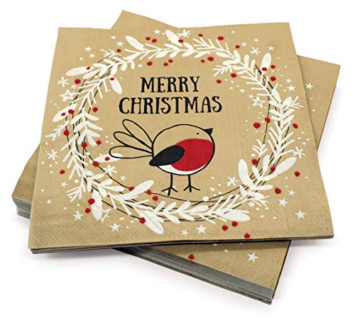 Christmas Napkins Paper Cute, Festive Wreath & Bird Print/Brown Recycled Napkins Decorative Disposable Holiday Dinner, Lunch/Luncheon, Buffet Brunch Rustic Xmas Party Decor – Image 3