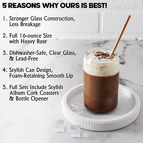 Mainstream Source® Can Shaped Drinking Glasses – 16 Oz Drinking Glasses And Perfect Beer Glasses, Soda Glasses Or Glass Tumblers, Set Of 6 Pint Glasses, 6 Cork Coasters, And Steel Bottle Opener #TOP1