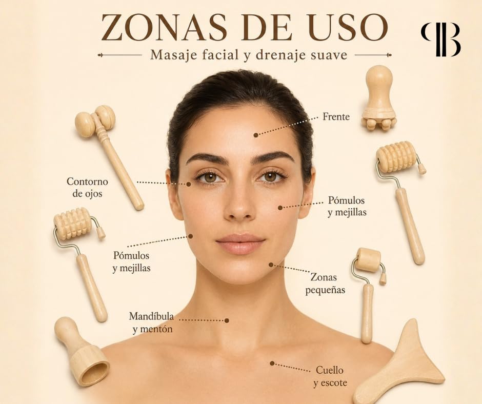 Set de 7 Piezas de Maderoterapia Facial en Madera de Haya Natural | Kit Masaje Facial con Mini Copa Sueca, Rodillo Contorno de Ojos, Tabla Facial y Herramientas de Drenaje | Rutina Facial y Bienestar