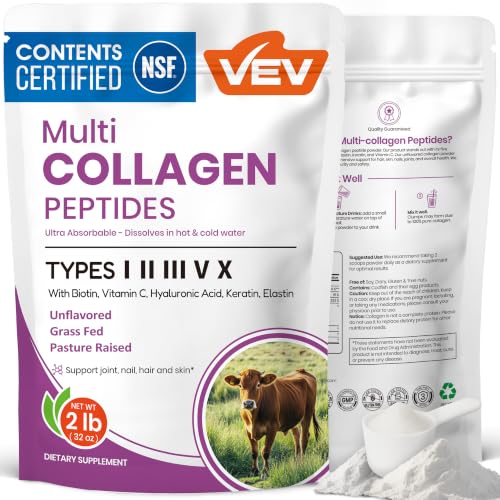 VEV Multi Collagen Peptides Powder with Types I II III V X 32 oz (82 Servings) - Hydrolyzed Collagen Powder for Women NSF Certified Biotin Vitamin C Unflavored Dissolves Easily