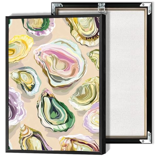 Image of Colorful Oyster Shell Poster Abstract Beachy Shell Canvas Wall Art Retro Summer Coastal Shell Picture Aesthetic Prints Painting For Home Living Room Kitchen Restaurant Wall Decor 8x12in Framed