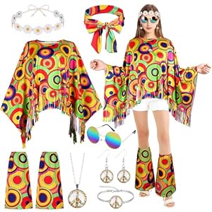 AOOWU Hippie-Kostüm für Damen Set, 10 Stück 60er 70er Jahre Bekleidung Hippie mit Umhang Überstiefeln Sonnenbrille 2 Stirnbändern und Accessoires mit Karneval Kostüm Halloween