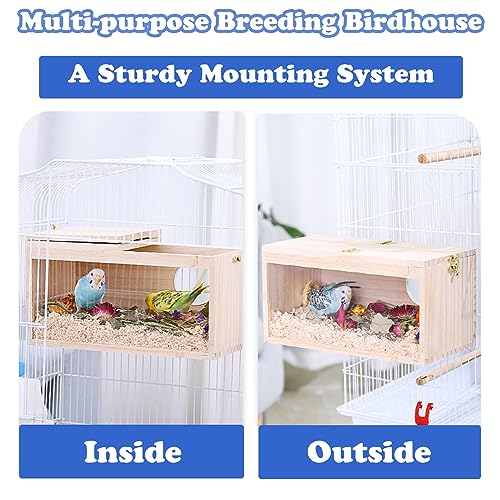 Image of Parakeet Nesting Box Pine Wood Breeding Box Bird House for Cage, Transparent Parakeet Birds Nest with Perch for Cockatiel, Canary, Small to Medium Birds, L:5.85x5.85x11.5 inches