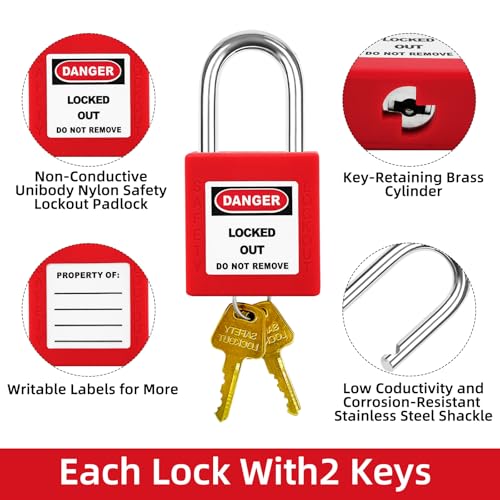 Image of Red Loto Locks Set-10pcs, Lockout Locks, Safety Padlocks, 2 Keys Per Lock, OSHA Compliant