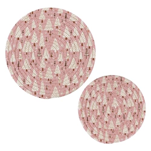 Kcldeci 2-Pcs Trivet Pot Holder Pink Christmas Tree Round Woven Potholders Set Cotton Braided Hot Pads Coasters Table Mats for Cooking and Baking