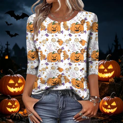 Image of Women Spooky Halloween Graphic Shirt 3 /4 Length Sleeve Crewneck Top | Halloween Funny Printed Pumpkin Plus Size Tshirts 2026 Fall Outfits Skeleton Tee Going Out Tops