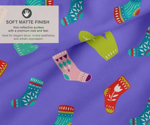 Image of Soimoi Purple Cotton Canvas Fabric Socks & Gloves Folk Art Print Fabric by the Meter 42 Inch Wide