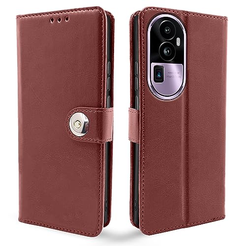 Image of Pikkme Oppo Reno 10 Pro Plus 5G Flip Cover Leather Finish | Inside TPU with Card Pockets | Wallet Stand and Shock Proof | Complete Protection Button Flip Case (Brown)