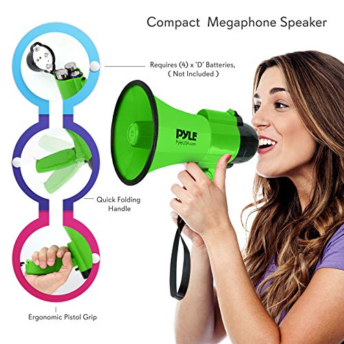 Pyle Compact Battery-Operated Megaphone With Siren - 30 Watt Power, Microphone, 2 Modes, Pa Sound, Bullhorn, Foldable Handle For Cheerleading, Police Use (Green) #TOP2