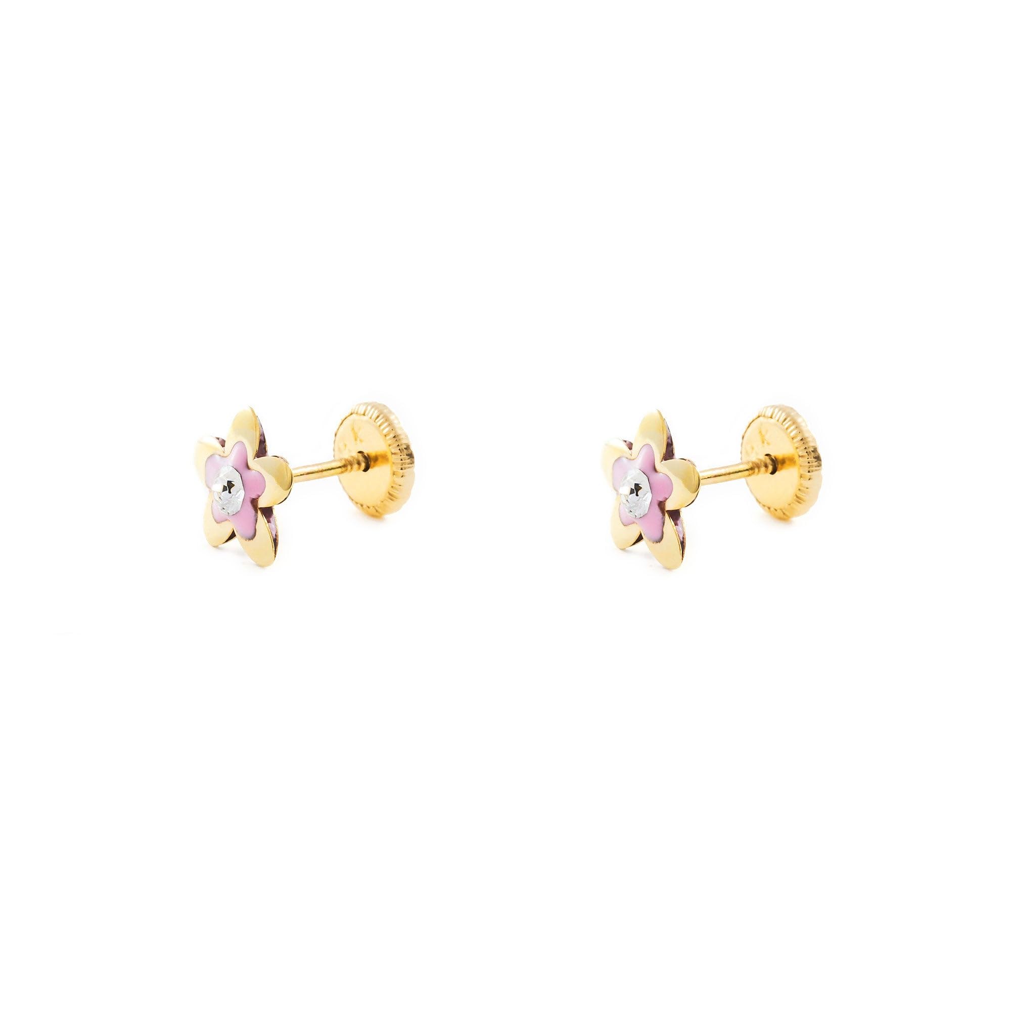 Pendientes Oro Niña flor esmalte rosa y circon (9kts) - Estuche Regalo - Certificado de Garantía - Mondepetit