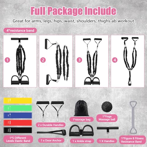 Arrowbash Pedal Resistance Band Set, 4-Tube Adjustable Elastic Exercise Bands for Legs Glutes Training, Non-Slip Ankle Straps, Home Fitness Strength Training for Men Women with 6 Pcs Exercise Bands