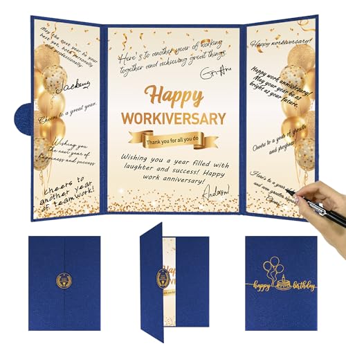 Image of DARUNAXY Blue Gold Happy Workiversary Party Decorations, Happy Work Anniversary Alternative Signature Guest Book for Men Women Employee Business Gifts Signing Card Board for Office Supplies