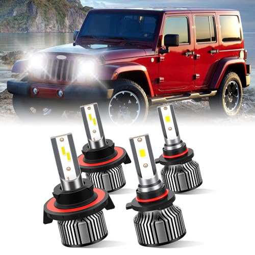 rosunmantic H13 High Low Beam All In One 9145 Fog Light Bulbs, Works for Jeep Liberty 2008-2012, 6500K Bright White, 25000lm with Cooling Fan Pack of 4