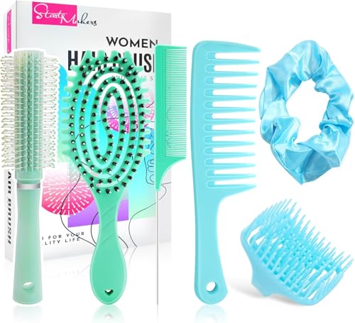 START MAKERS 6Pcs Hair Brush Set for Women Girls, Curl Defining Boar Bristle Detangling Hairbrush, Round Brush, Wide-Tooth Comb, Rat Tail Comb, Scalp Shampoo Brush for Curly Wet Dry Hair (Blue)