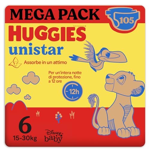 Huggies Unistar, Pannolini Taglia 6 (15-30 Kg), Design Disney, Protezione completa, 105 Pz