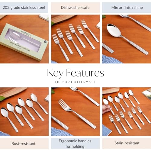 Image of Nestasia Stainless Steel Cutlery Set of 12 (18cm Each) - Dishwasher Safe & Rust Resistant Spoon & Fork Set - Fluted Cutlery Set for Dining Table, Kitchen & Gifting