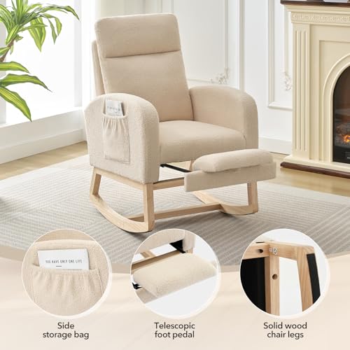 Image of Rocking Chair Nursery, Nursing Rocking Chairs with Foot Rest for Mom Nursery,Rocker Glider Chair with High Backrest for Living Room, Bedroom, Upholstered Lounge Chair with Solid Wood Base for Relaxin