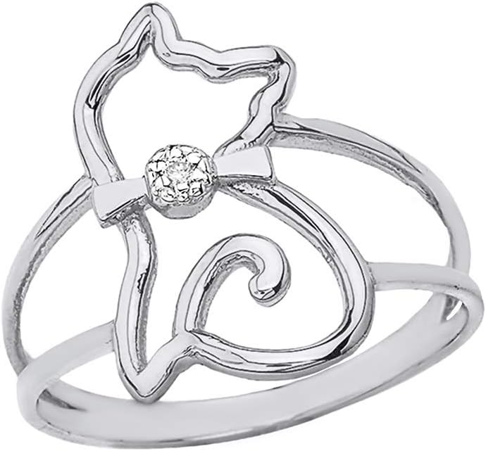 Unique Women's 10k Gold Split Shank Band Diamond Openwork Cat with Bow Tie Ring