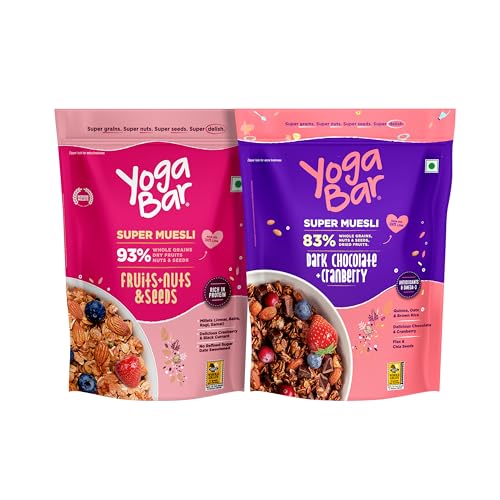 Image of Yogabar Wholegrain Breakfast Muesli Combo | Fruits, Nuts and Seeds 700gm | Dark Chocolate Cranberry 700gm | Nuts + Seeds, Dried Fruits, Whole Grains