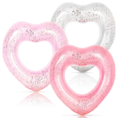Whaline 3Pcs Inflatable Heart Pool Float with Glitter Inside Rose Gold Pink White Swim Heart Shaped Pool Rings Float Loungers Tube for Summer Swimming Pool Beach Bachelorette Party, 35 x 35 Inch