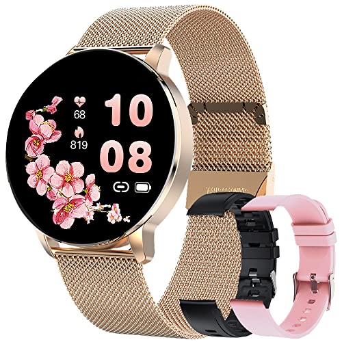 YESFINE Montre Connectée Femme, Smartwatch Compatible Samsung Huawei Xiaomi Android iOS Podometre Montre Sport Cardiofrequencemetre Etanche IP67 GPS Partagé Sport Notification de Message (Or) Cover