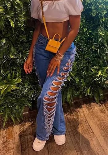 Women's High Waisted Ripped Jeans Side Cut-Outs Destroyed Frayed Tassels Distressed Denim Pants4