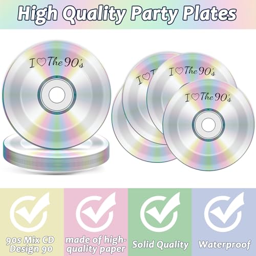 Image of CHUNNIN 50Pcs 90's Party Paper Plates and Napkins for 25 Guests | Durable Paper, 1990s Retro Theme Birthday Party, I Love the 90s Disposable Dessert Tableware, CD Plates and Napkins Set