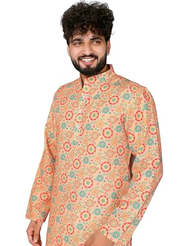 Lookmark Men's Cotton Blend Printed Kurta With Full Sleeves Ankle Length Orange Color And Button Closer - Suitable For All Indian Festivals And Weddings (Az-Lm-P1-Kurta 32-Xxl)