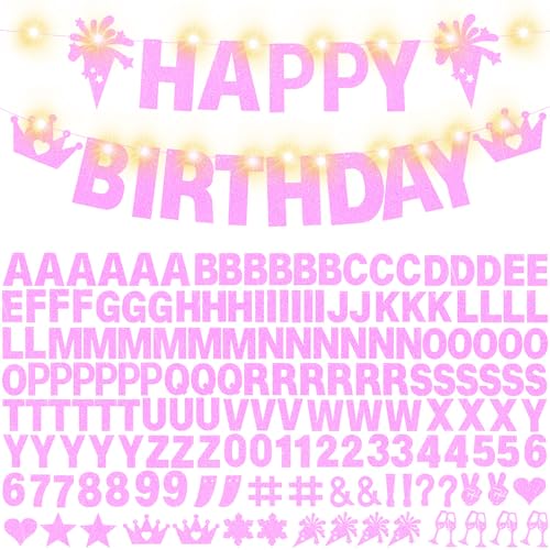 175Pcs DIY Custom Letter Banner Glitter Customizable Banner Kit 0-9 Numbers DIY Girls Happy Birthday Letters Personalized Banners for Wedding Birthday Party Decorations Supplies(Dazzling Light Pink)