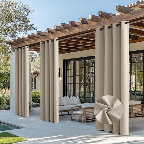NICETOWN 100% Blackout Outdoor Curtains for Patio Waterproof 2 Panels, Linen Textured Thermal Insulated Indoor/Outside Drapes for Gazebo, Privacy Sun Shades for Porch, Garden, W52 x L84 Inch