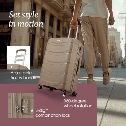 Image of Skybags Cabin Curve Set of 3 Hard Luggage (+Medium+Large) | Polypropylene Luggage Trolley with 8 Spinner Wheels| Beige | Unisex - 76 Cm