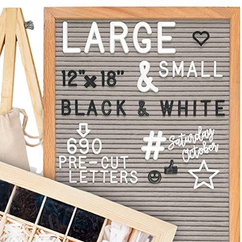 Little Hippo Gray Felt Board Sign 12x18 Inch With 690+ Pre-Cut Letters - Wood Message Board With Stand, Baby Announcement Sign, Back to School Felt Board