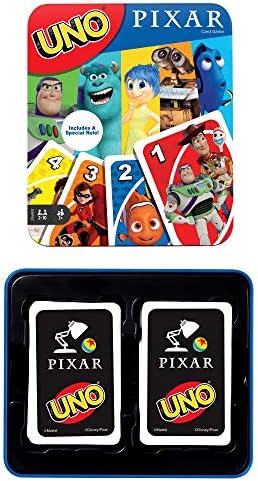 UNO Pixar Card Game for Family Night, Travel Game for Kids with Storage Tin & Special Rule for 2-10 Players (Amazon Exclusive)
