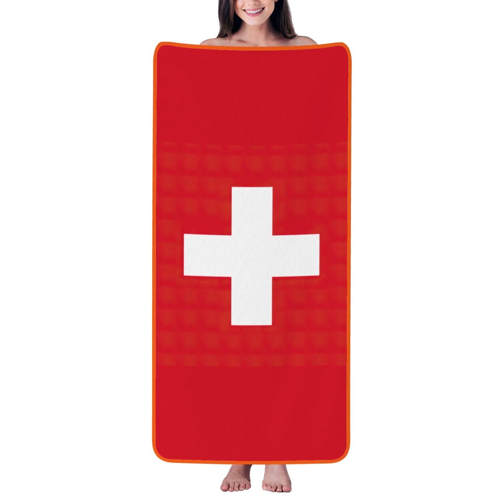 Nimongt Unisex Orange Swiss Flag Print Lightweight Comfort Coral Velvet Bath Towel Home Bathroom Hotel Spa Beach Travel