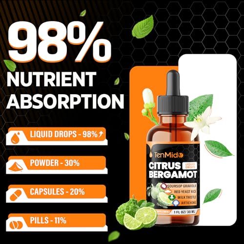 Tenmido 11in1 Citrus Bergamot Liquid Drops with Soursop Graviola, Red Yeast Rice, Artichoke, Milk Thistle, Garlic, Olive, Quercetin, Pine Bark, Ginger, and Black Pepper - 30ml 1 Fl Oz