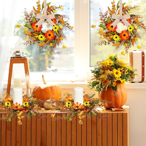 Image of 4 Pcs 3 Inch Fall Daisy Candle Rings Thanksgiving Table Centerpieces Mini Artificial Candle Rings Autumn Daisy Wreaths Cabinets Farmhouse Autumn Wreath for Indoor Front Door Wall Window Decorations