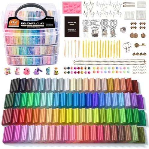 Shuttle Art Polymer Clay Set, 82 Farben Knete Set mit Werkzeugen, Zubehör | 19 Schnitzwerkzeuge, 16 Arten Zubehör, Polymer Ton für Ohrringe, Armband, Modelliermasse ofenhärtend, Kn