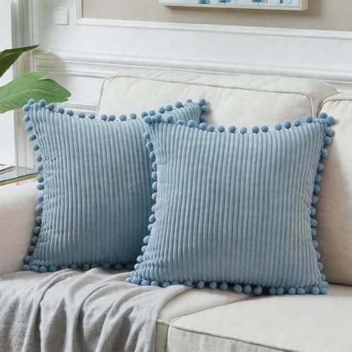 Fancy Homi Set of 2 Light Blue Decorative Throw Pillow Covers 20x20 Inch with Pom-poms, Boho Soft Corduroy Solid Square Baby Blue Cushion Cases Set for Couch Sofa Bedroom Car Living Room 50x50 cm