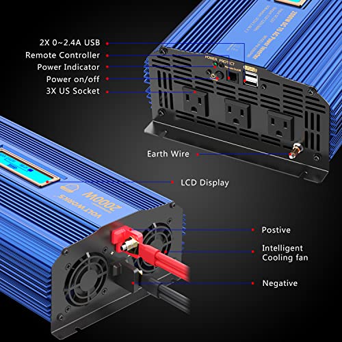 Power Inverter 2000W Dc 12V To Ac 120V Modified Sine Wave Inverter With Lcd Display Remote Control 3Ac Outlets Dual 2.4A Usb Ports For Car Rv Truck Boat By Voltworks #TOP2